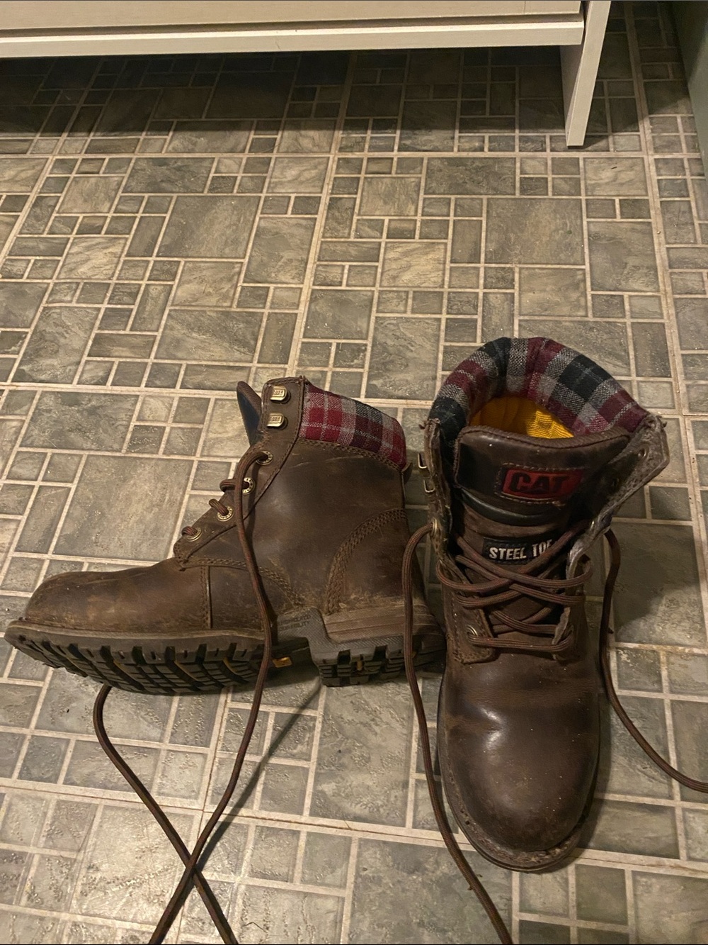Caterpillar Brown Leather Steel Toe Work Boots with Plaid Collar